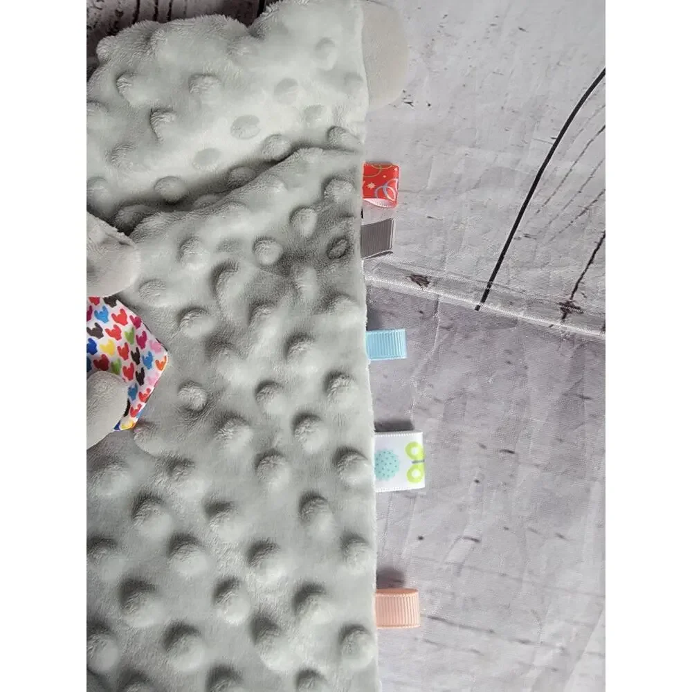 Gray Elephant Baby Security Blanket Minky Dot Polka Dot Tag Lovey with Teether